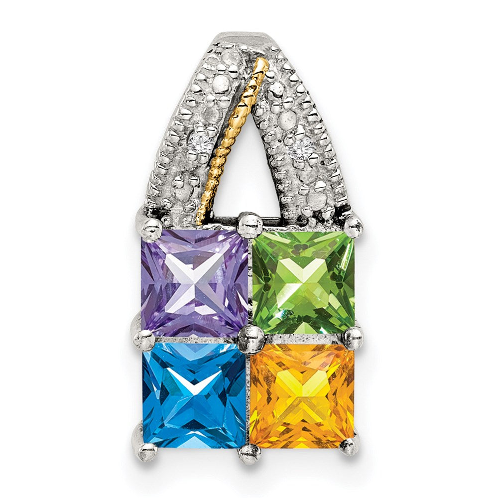 Sterling Silver Antiqued w/14K/Silver Two-Tone 4-stone W/diamond Mother's Pendant