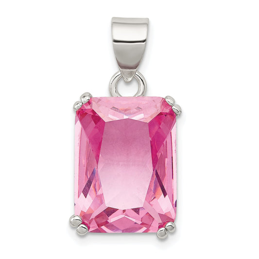 Sterling Silver Rectangle Pink Cz Pendant