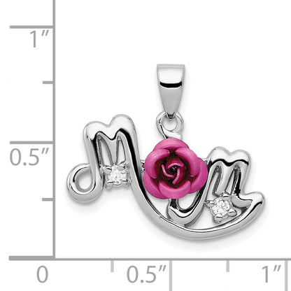 Sterling Silver Rh-Pltd Dyed Pink Aluminum Rose/Clear Cz Mom Pendant