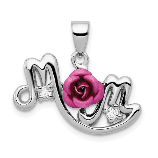 Sterling Silver Rh-Pltd Dyed Pink Aluminum Rose/Clear Cz Mom Pendant