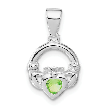 Sterling Silver Polished Green Cz Claddagh Pendant