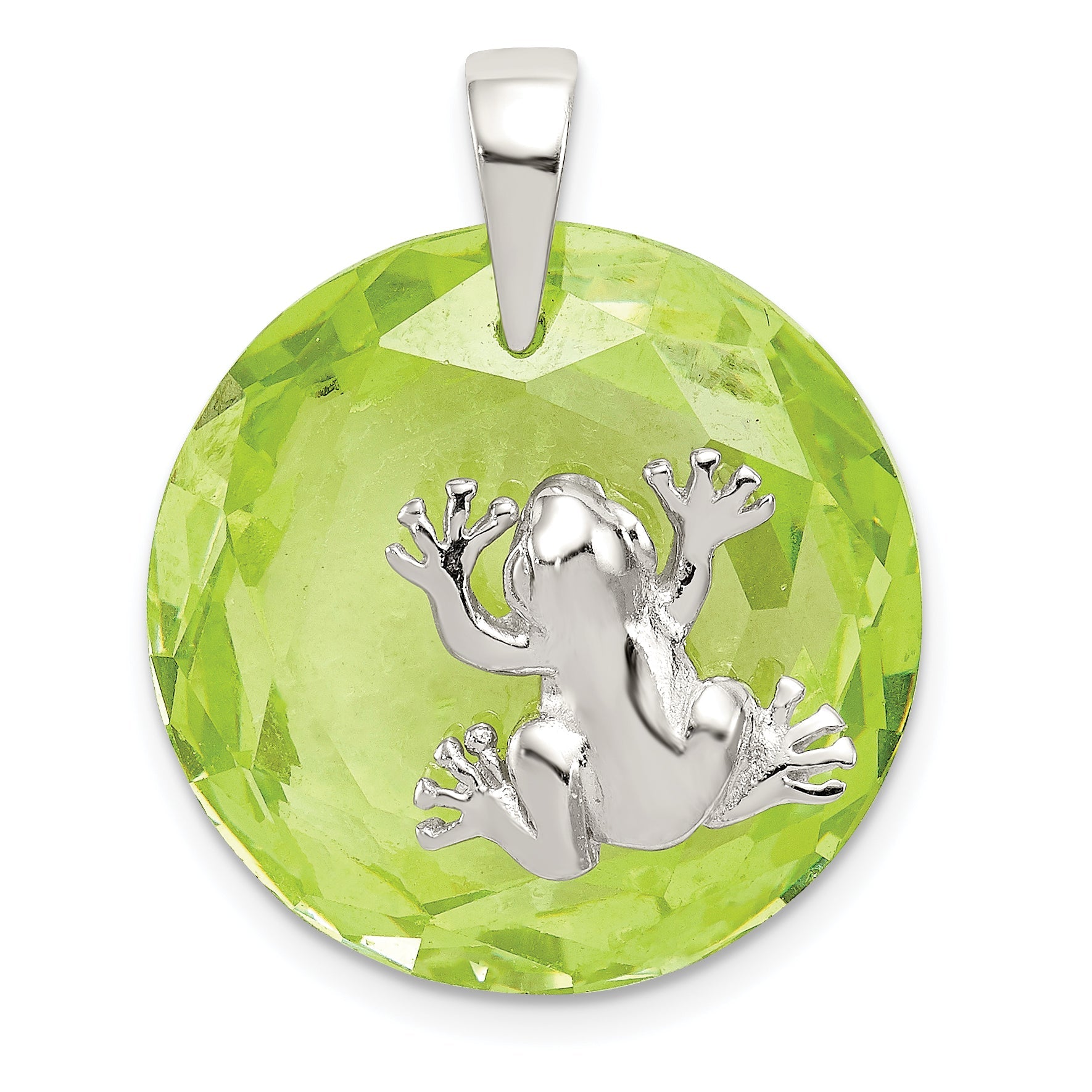 Sterling Silver Rhodium-Plated Green Cz Frog Pendant