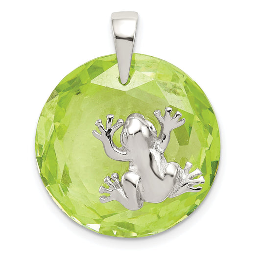 Sterling Silver Rhodium-Plated Green Cz Frog Pendant