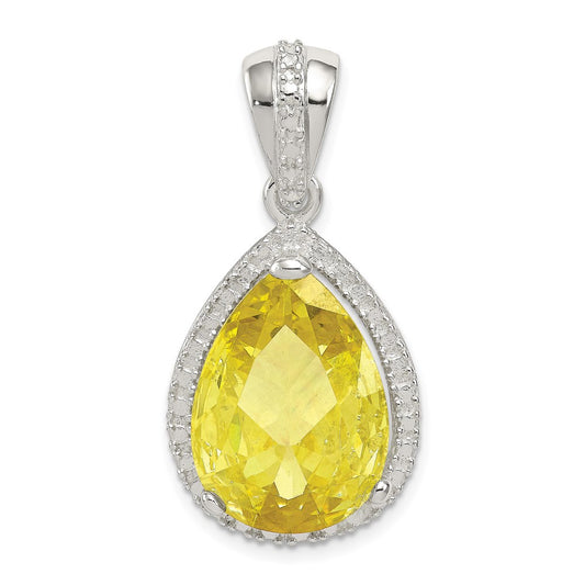 Sterling Silver Pear Shape Yellowish Green Cz Pendant