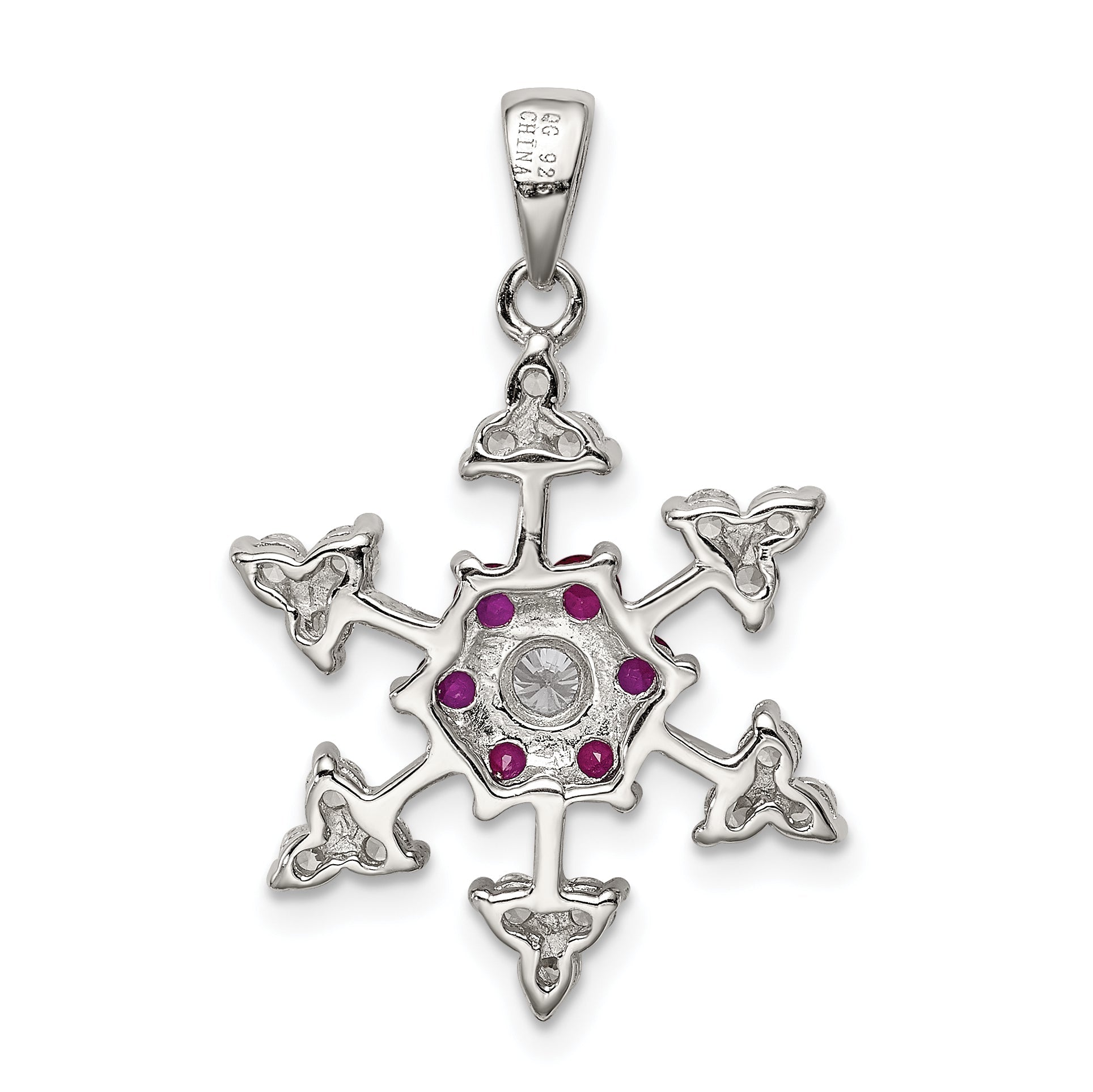 Sterling Silver Rhodium-Plated Created Ruby And Cz Snowflake Charm