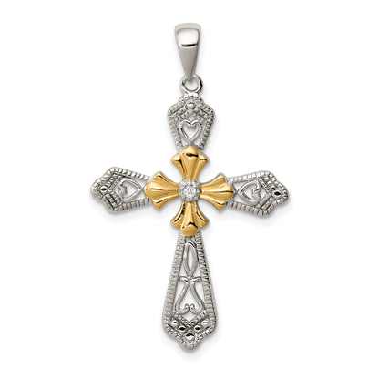 Sterling Silver Vermeil Cz Cross Pendant