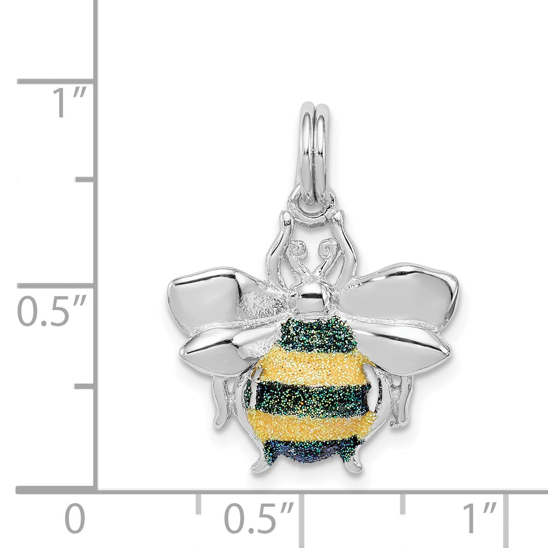 Sterling Silver Rhodium-Platedgreen & Yellow Enamel Bee Charm