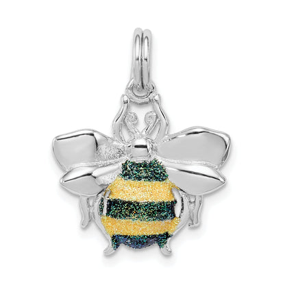 Sterling Silver Rhodium-Platedgreen & Yellow Enamel Bee Charm
