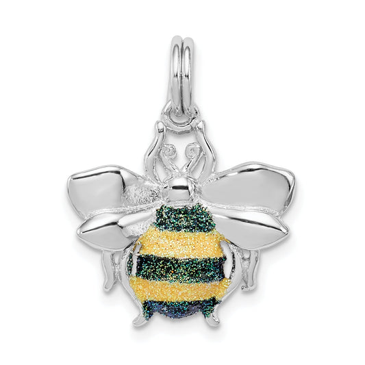 Sterling Silver Rhodium-Platedgreen & Yellow Enamel Bee Charm