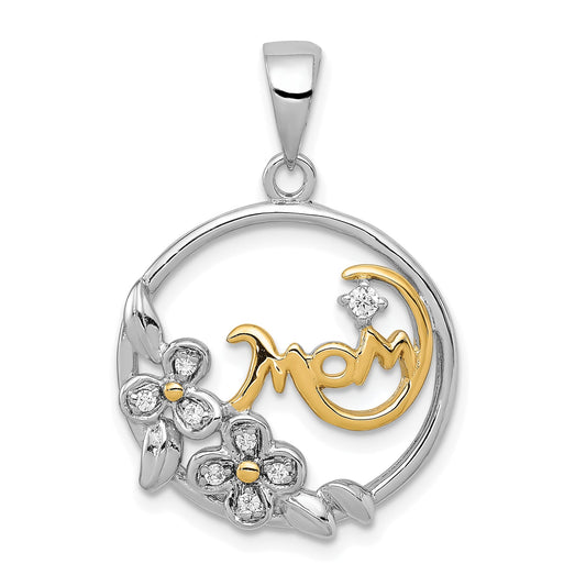 Sterling Silver Vermeil Cz Mom Pendant
