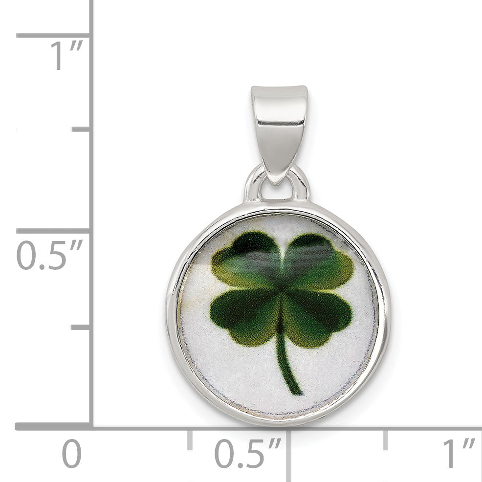 Sterling Silver 4 Leaf Clover Clear Enamel Pendant