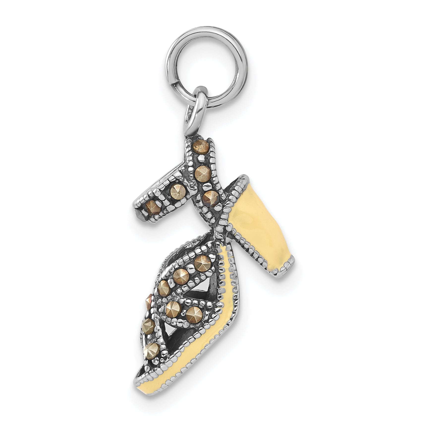 Sterling Silver Antiqued Yellow Enamel & Marcasite Shoe Charm