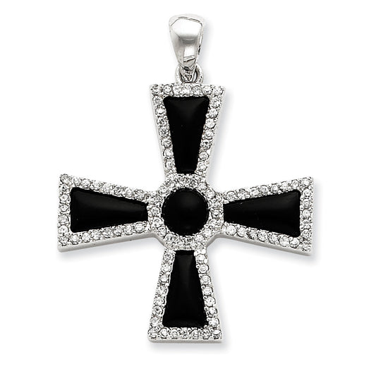 Sterling Silver Cz & Onyx Cross Pendant