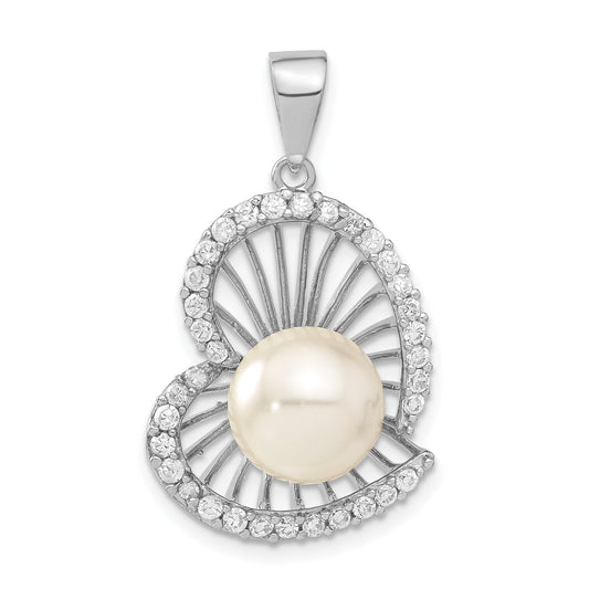 Sterling Silver Cz & Simulated Pearl Heart Pendant