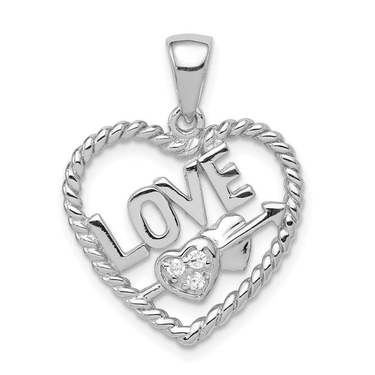 Sterling Silver Rhodium-Plated Cz Love Heart Pendant