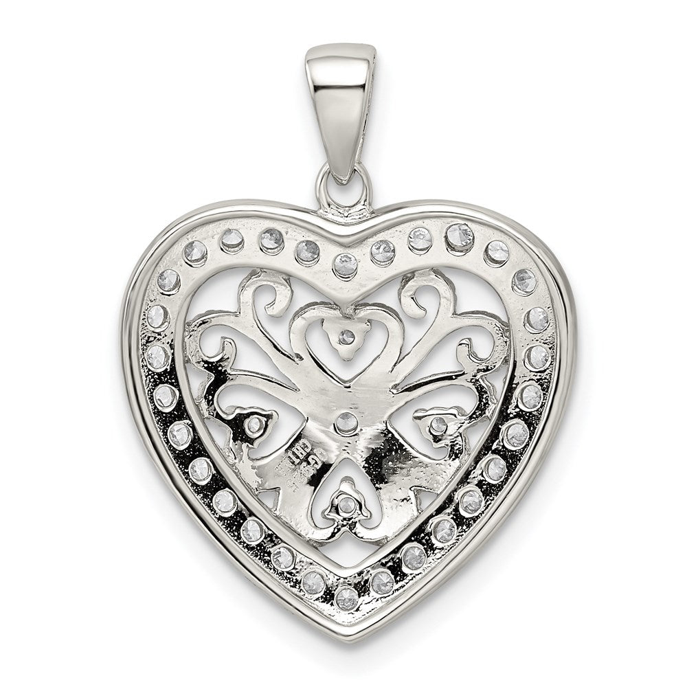 Sterling Silver Rhodium-Plated Cz Filigree Heart Pendant