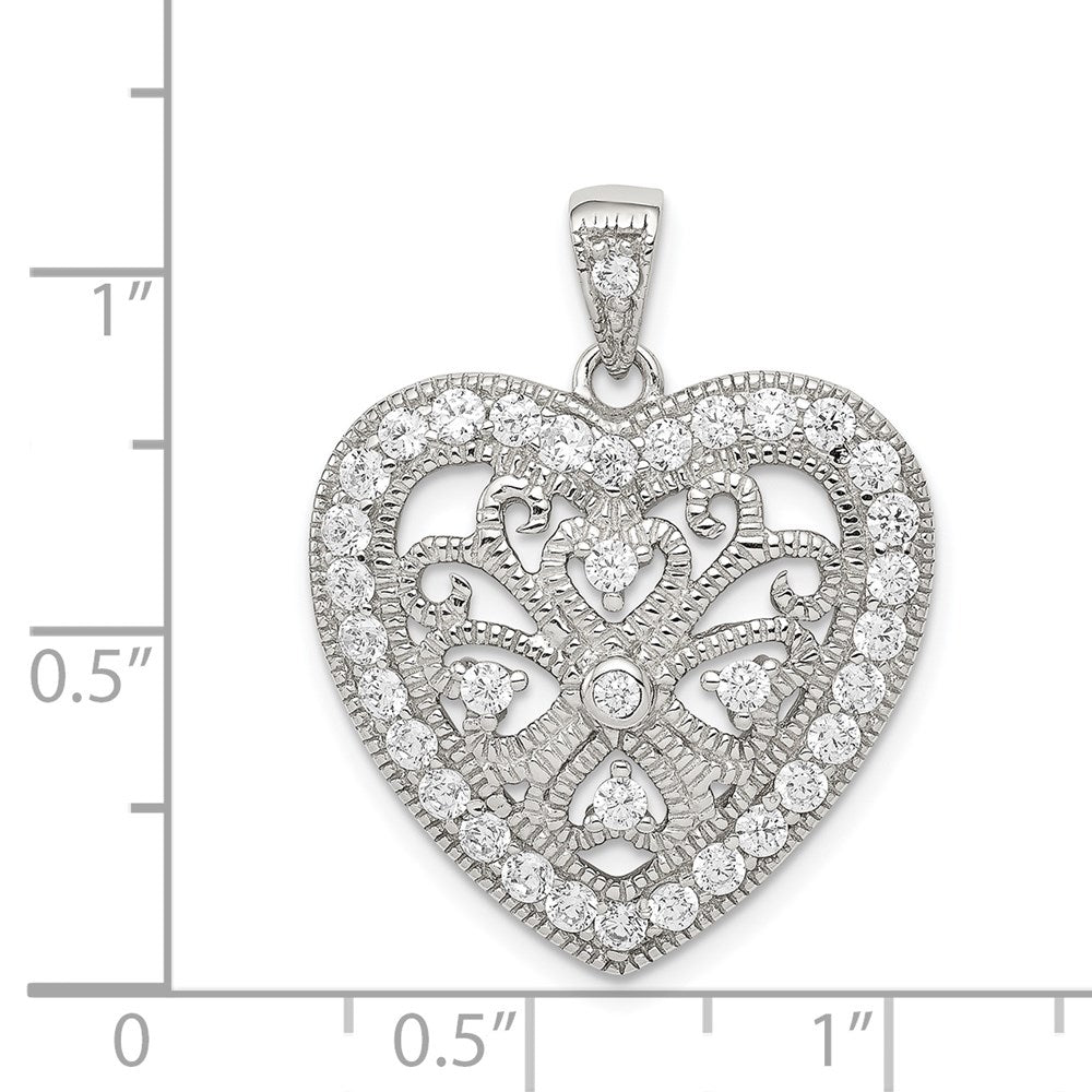 Sterling Silver Rhodium-Plated Cz Filigree Heart Pendant