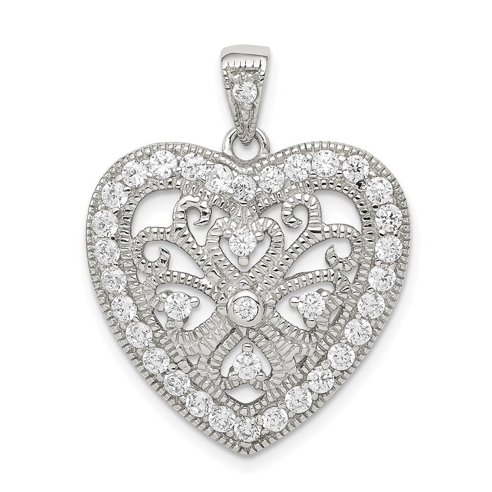 Sterling Silver Rhodium-Plated Cz Filigree Heart Pendant