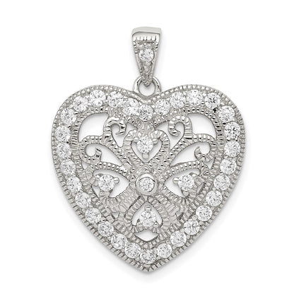 Sterling Silver Rhodium-Plated Cz Filigree Heart Pendant
