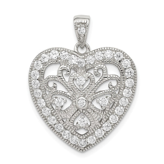 Sterling Silver Rhodium-Plated Cz Filigree Heart Pendant