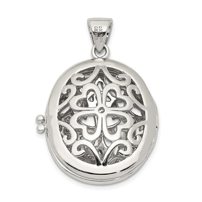Sterling Silver Rhodium-Plated Cz Fancy Filigree Oval 22mm Locket