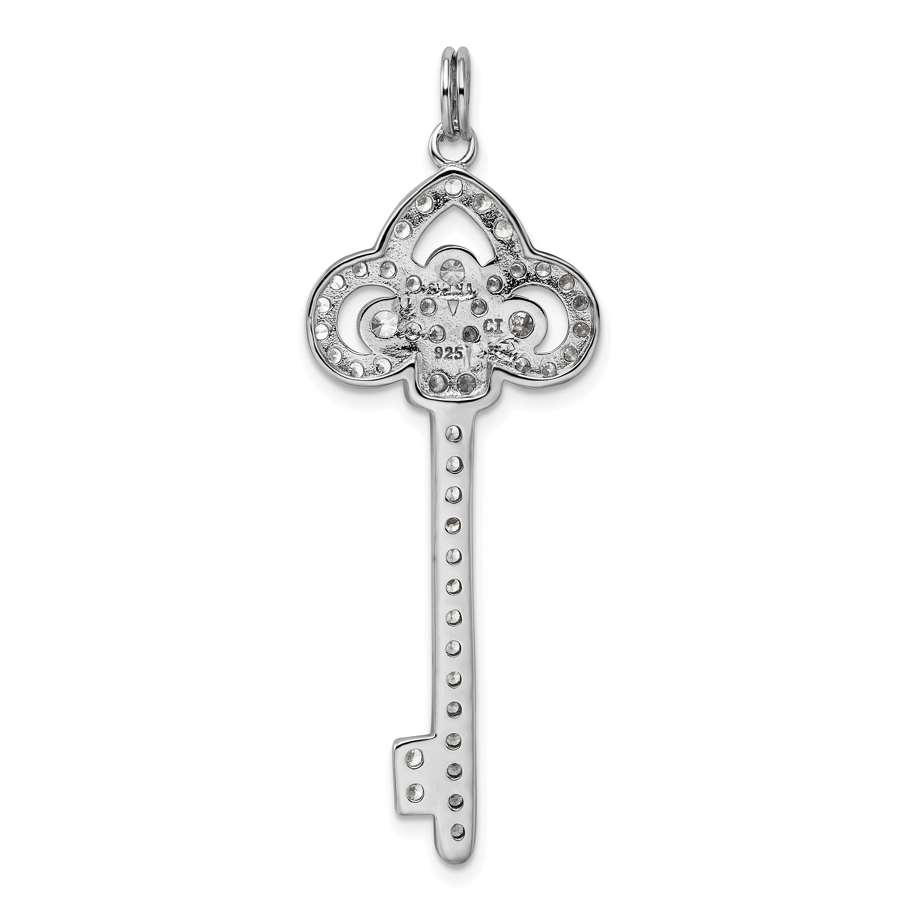 Sterling Silver Rhodium-Plated And Cz Key Pendant