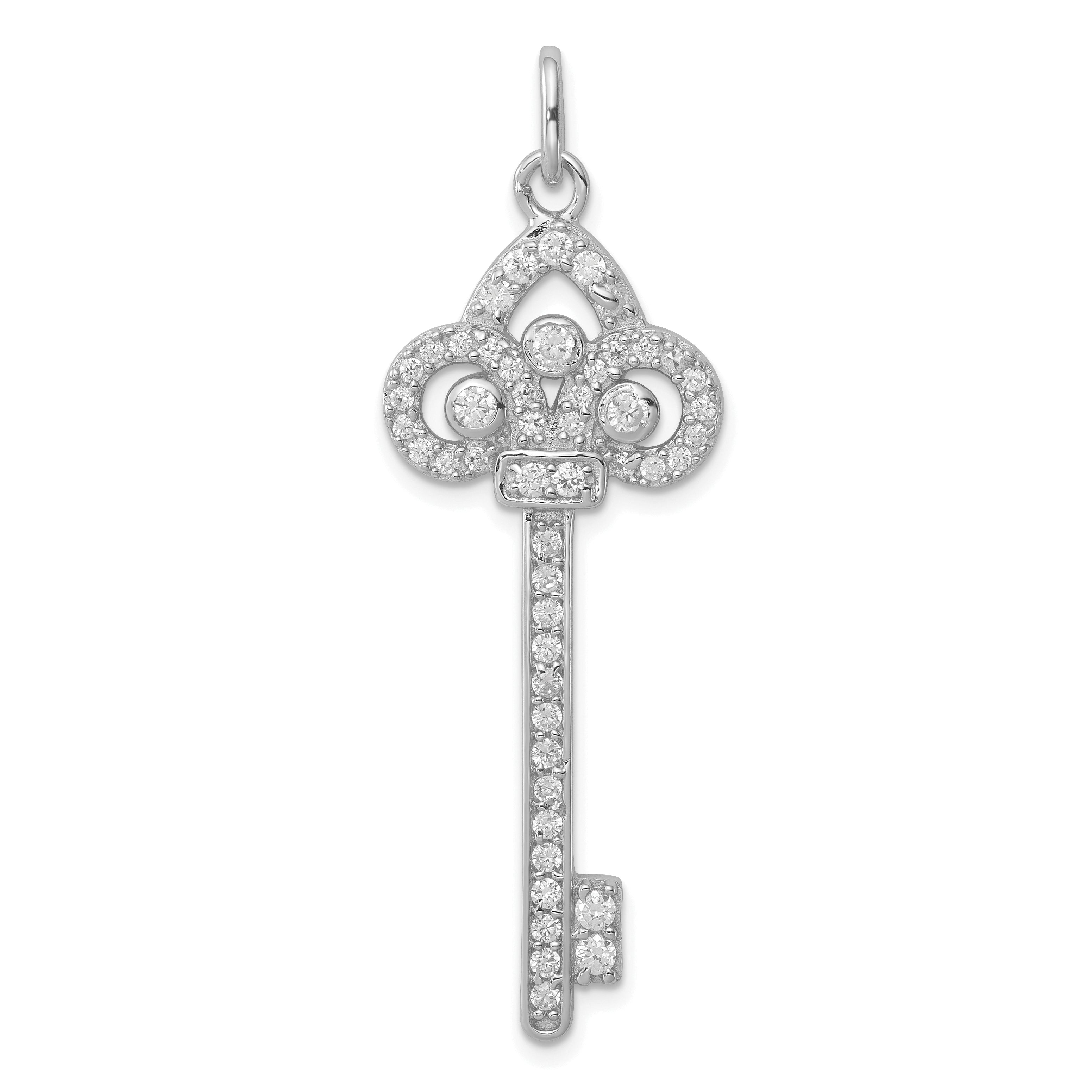 Sterling Silver Rhodium-Plated And Cz Key Pendant