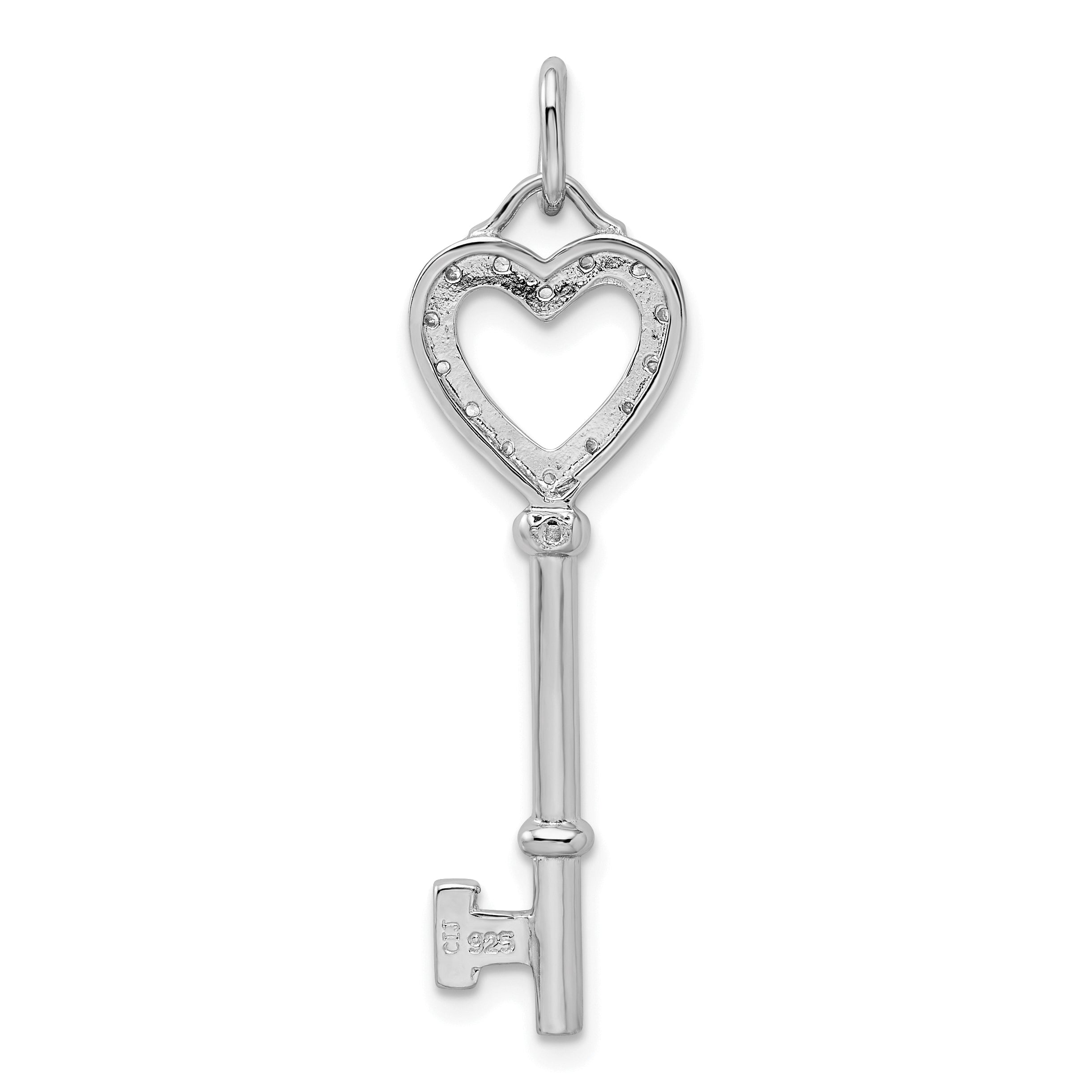 Sterling Silver Rhodium-Plated Cz Heart Key Pendant