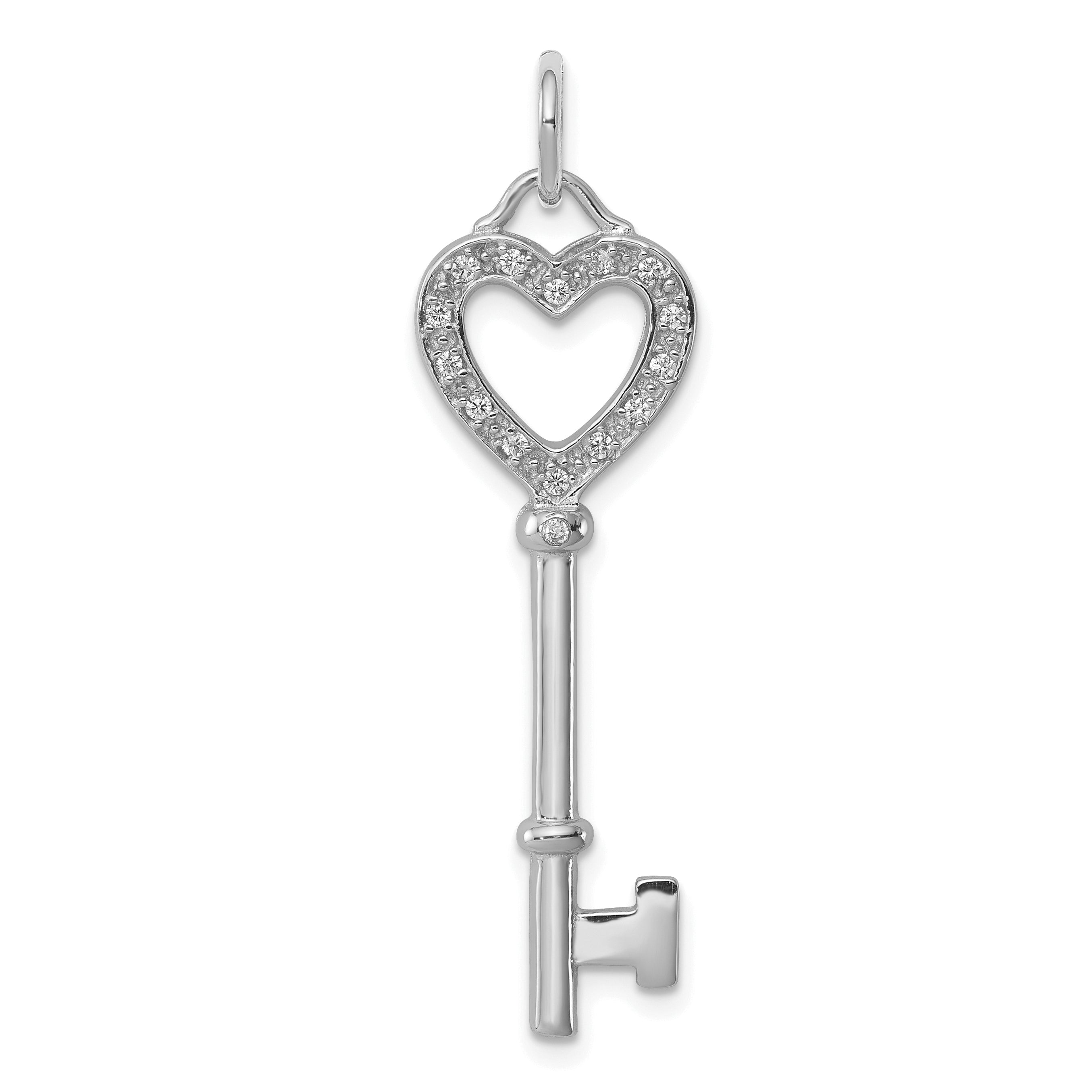 Sterling Silver Rhodium-Plated Cz Heart Key Pendant