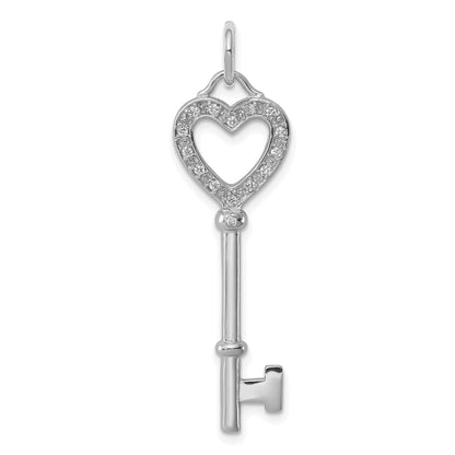 Sterling Silver Rhodium-Plated Cz Heart Key Pendant