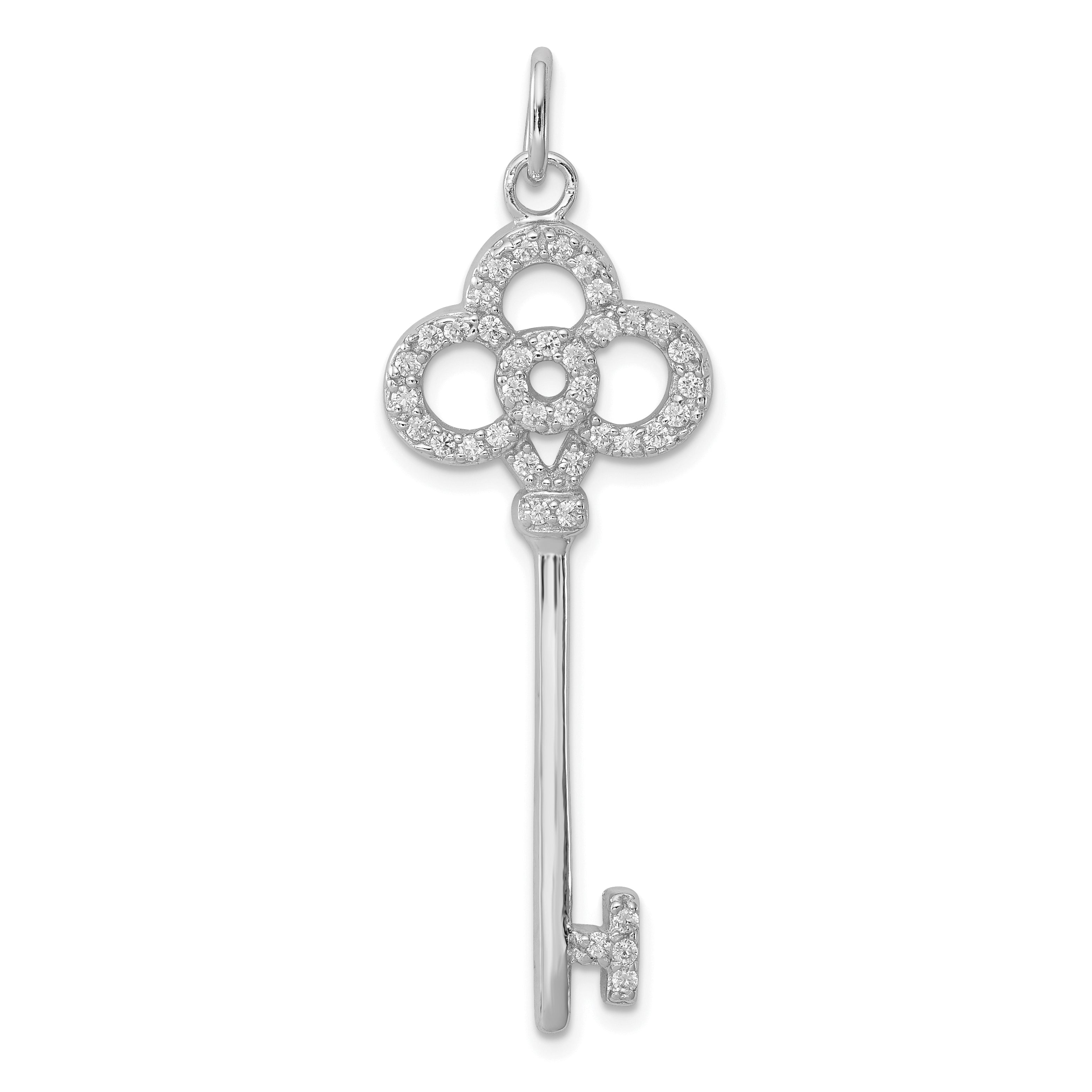 Sterling Silver Rhodium-Plated Cz Key Pendant