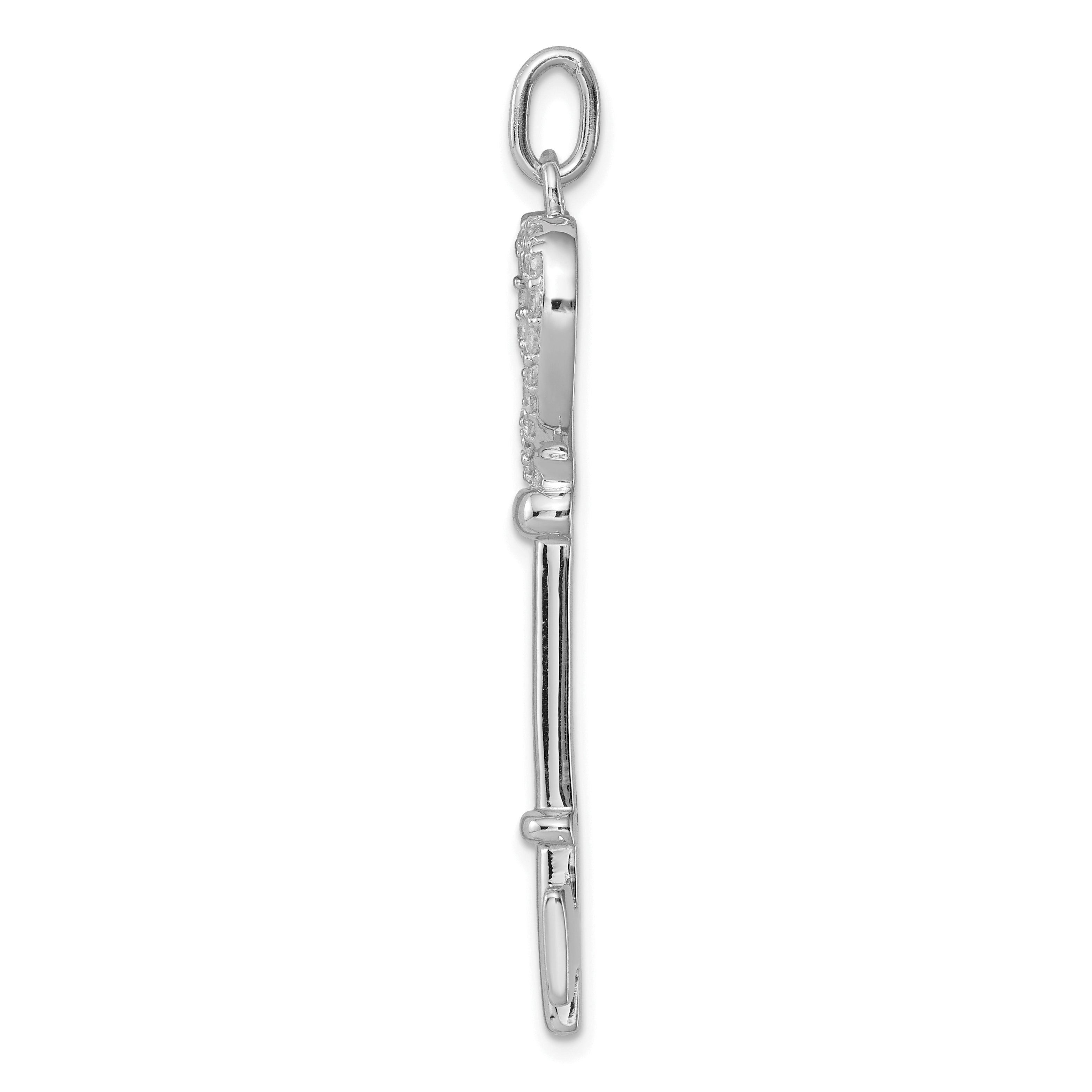 Sterling Silver Rhodium-Plated Cz Heart Key Pendant