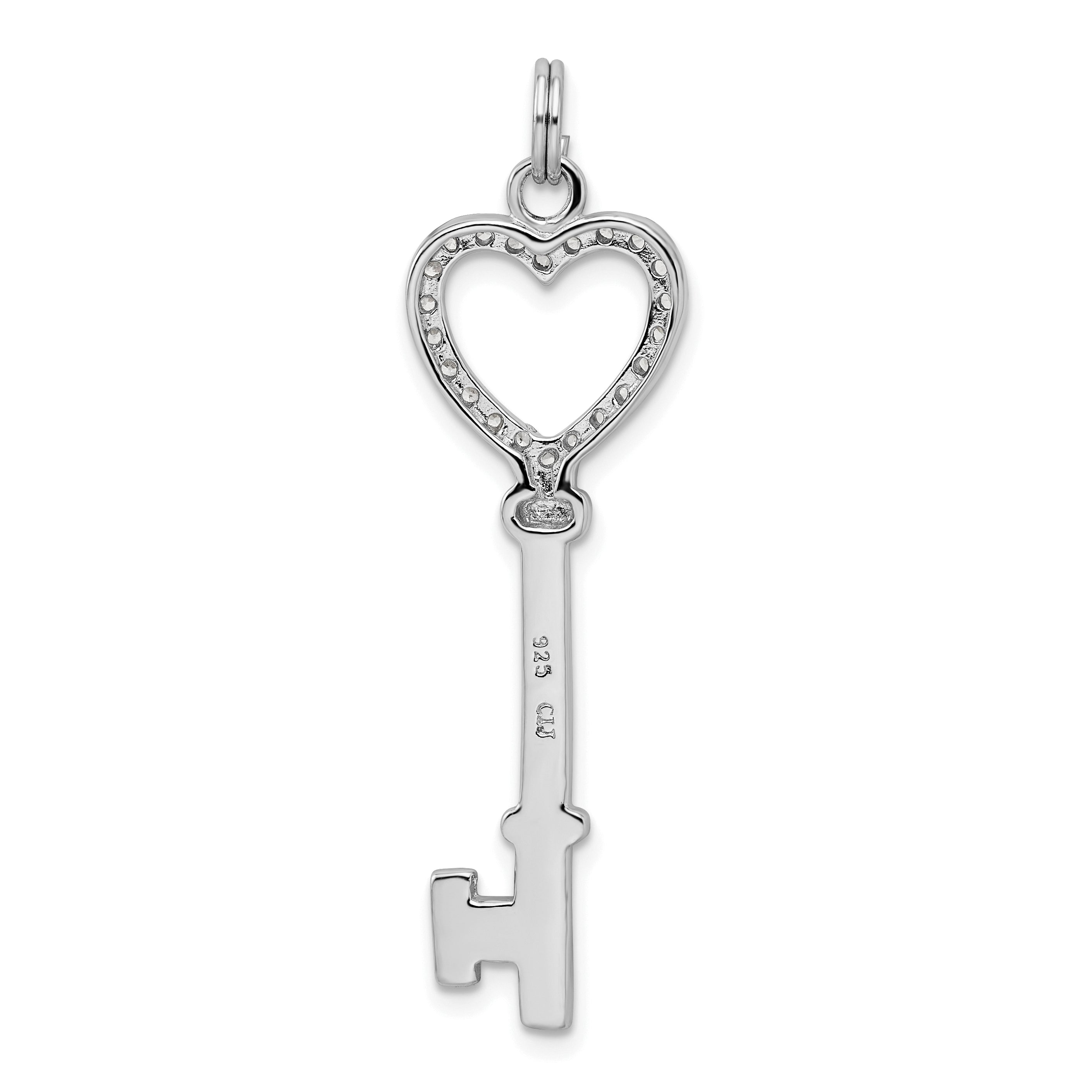 Sterling Silver Rhodium-Plated Cz Heart Key Pendant
