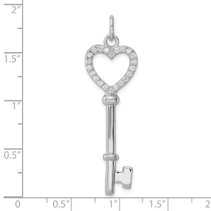 Sterling Silver Rhodium-Plated Cz Heart Key Pendant