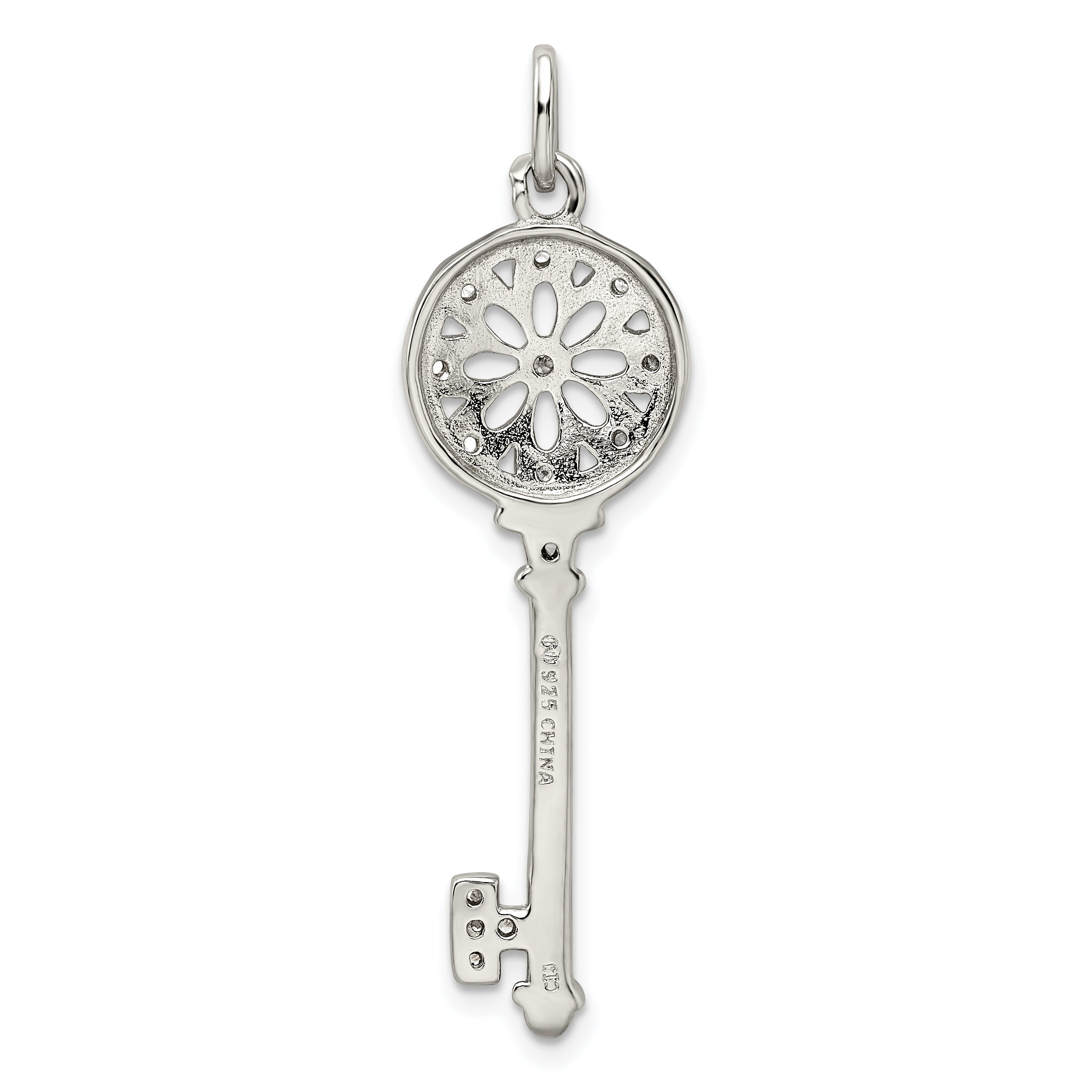 Sterling Silver Rhodium-Plated Cz Key Pendant