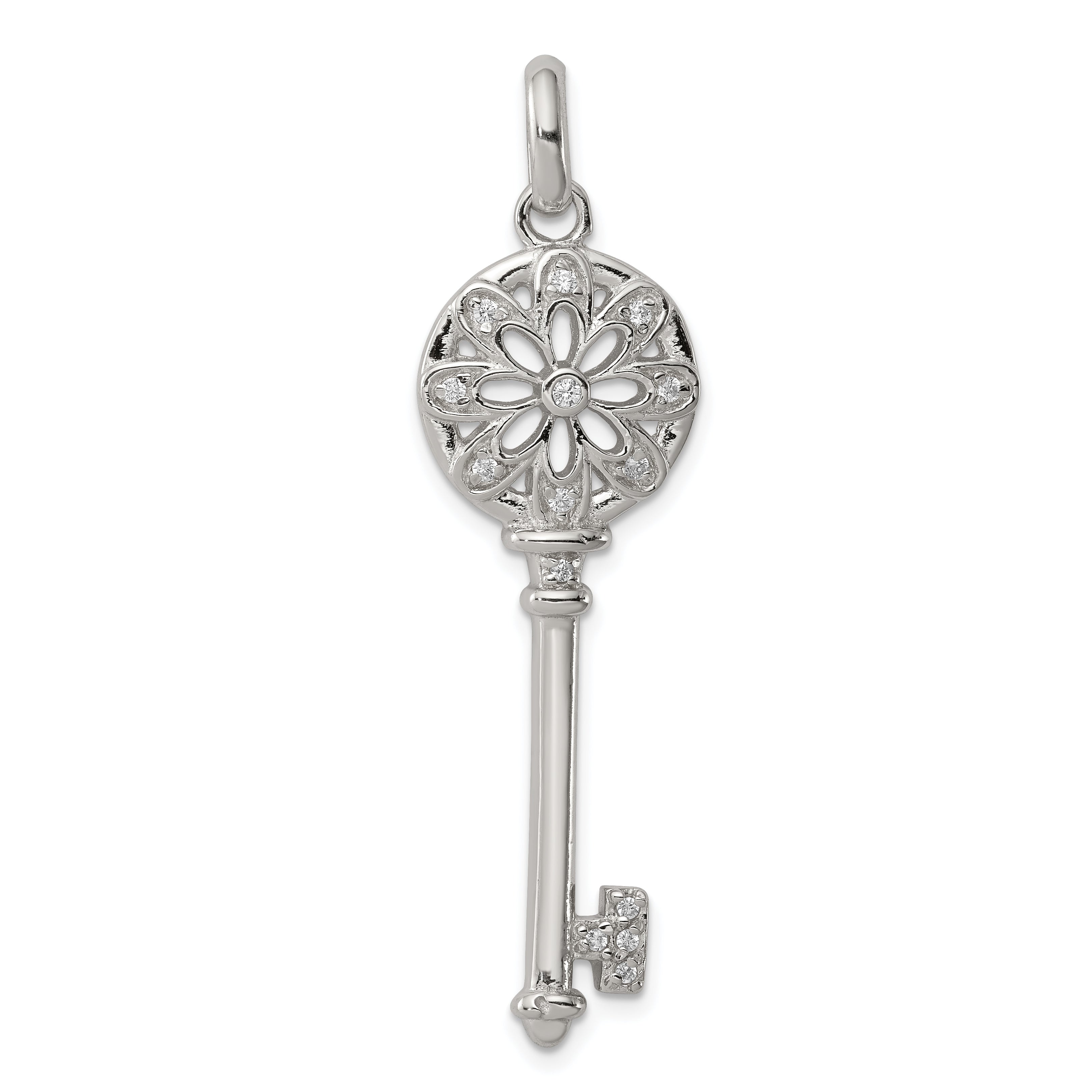 Sterling Silver Rhodium-Plated Cz Key Pendant