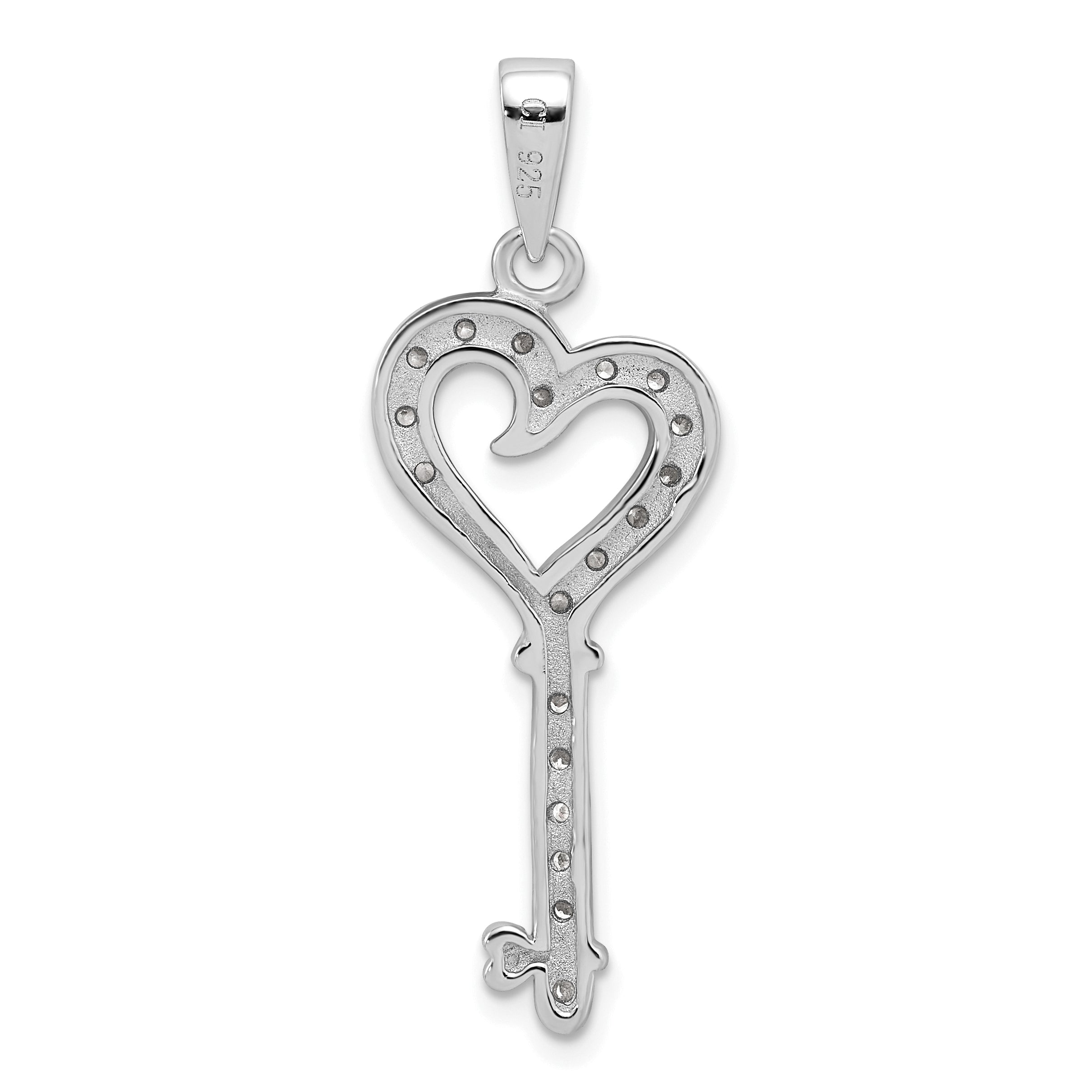 Sterling Silver Rhodium-Plated Cz Heart Key Pendant