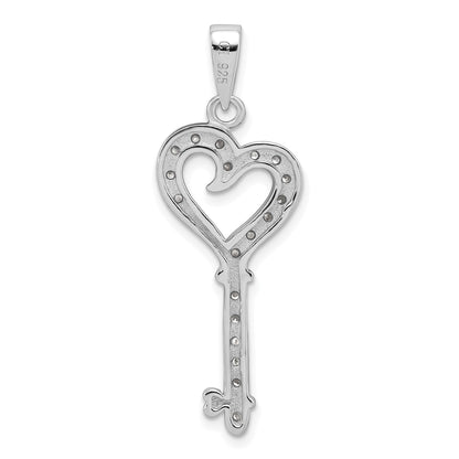 Sterling Silver Rhodium-Plated Cz Heart Key Pendant