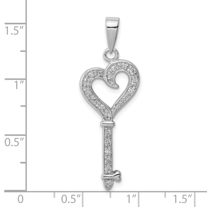 Sterling Silver Rhodium-Plated Cz Heart Key Pendant