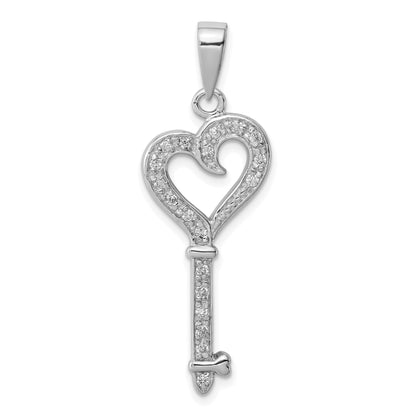 Sterling Silver Rhodium-Plated Cz Heart Key Pendant