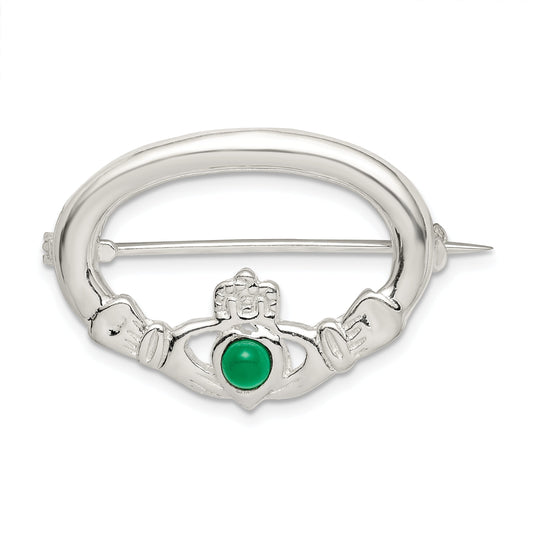 Sterling Silver Polished Green Cz Claddagh Pin