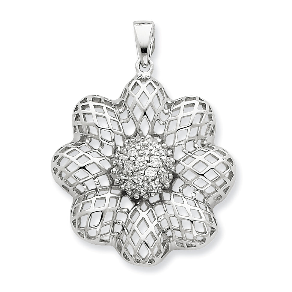 Sterling Silver Puffed Wire Flower W/ Center Cz Pendant