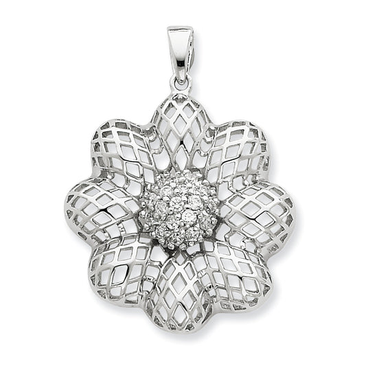 Sterling Silver Puffed Wire Flower W/ Center Cz Pendant