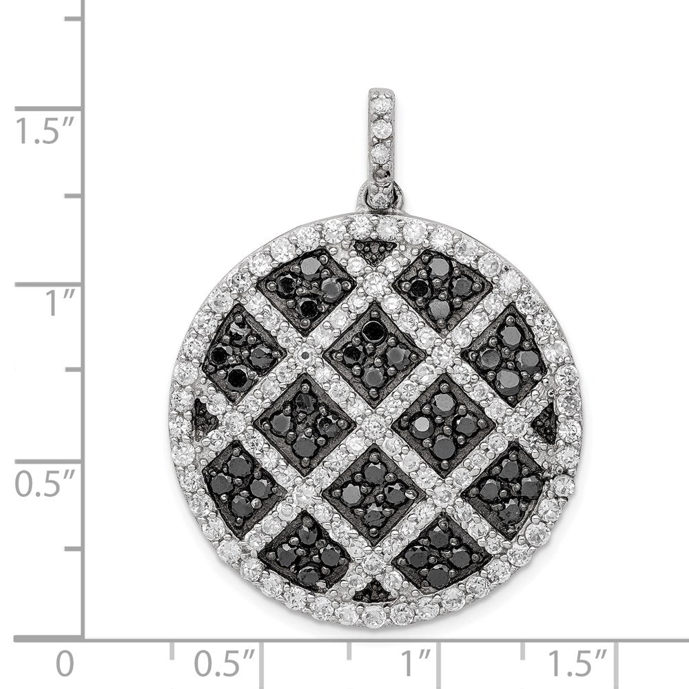 Sterling Silver Rhod-Pltd Polished Black/White Cz Checkered Circle Pendant