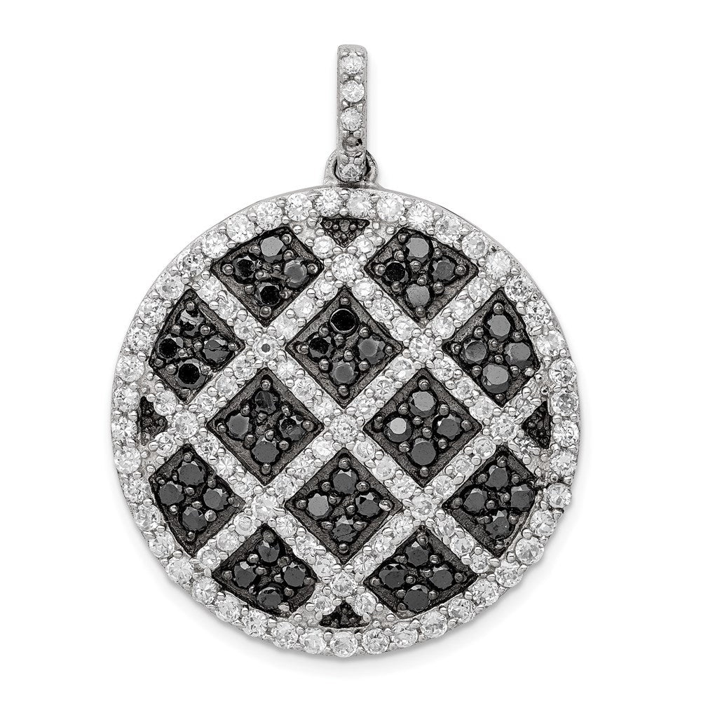 Sterling Silver Rhod-Pltd Polished Black/White Cz Checkered Circle Pendant