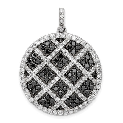 Sterling Silver Rhod-Pltd Polished Black/White Cz Checkered Circle Pendant