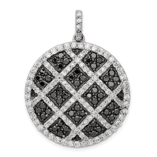 Sterling Silver Rhod-Pltd Polished Black/White Cz Checkered Circle Pendant