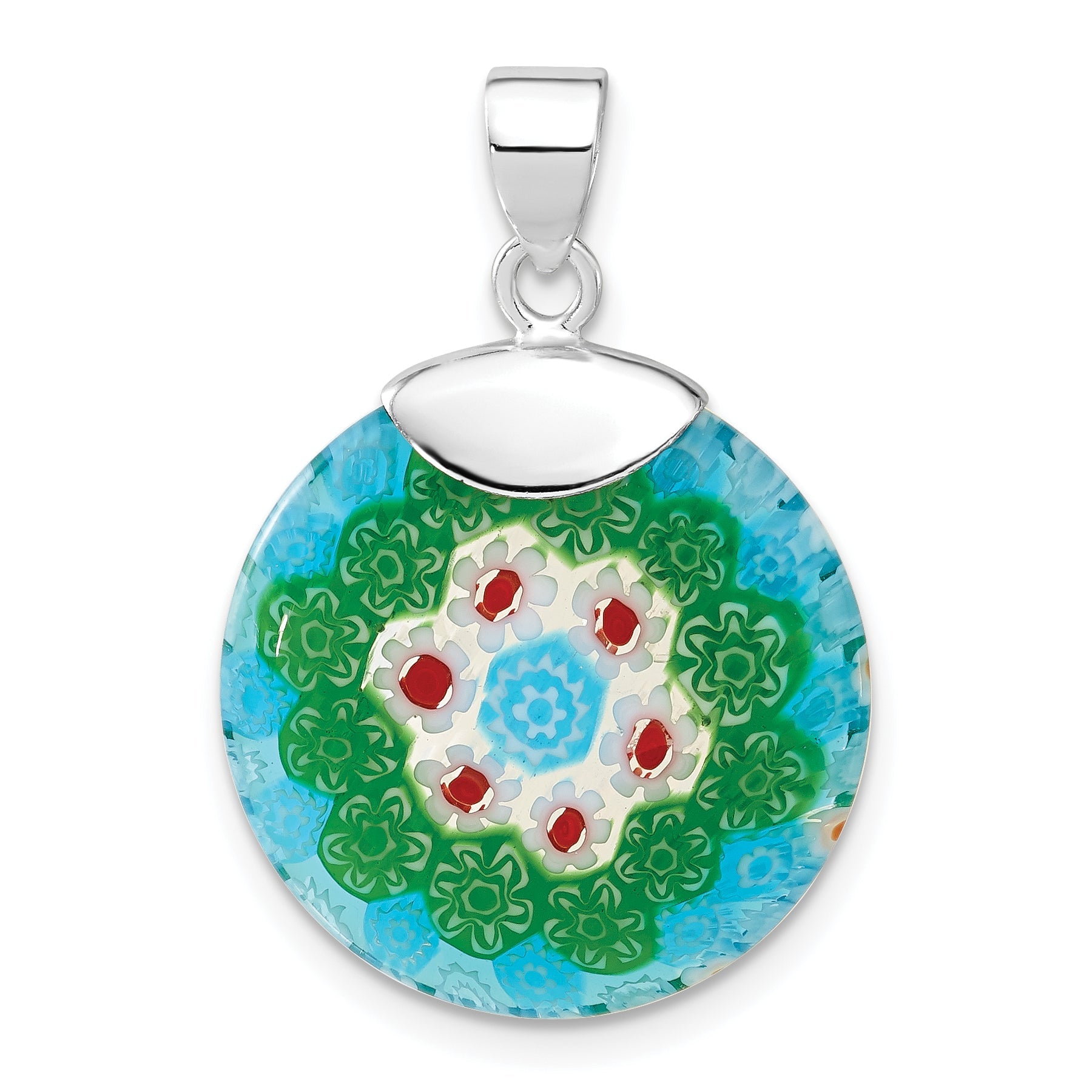 Sterling Silver Multicolored Glass Polished Circle Pendant