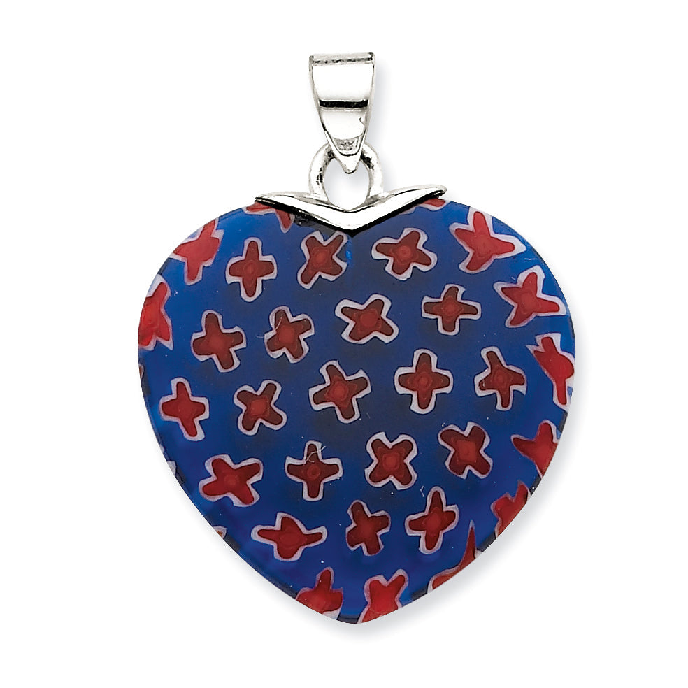 Sterling Silver Blue & Red Glass Stone Polished Heart Pendant