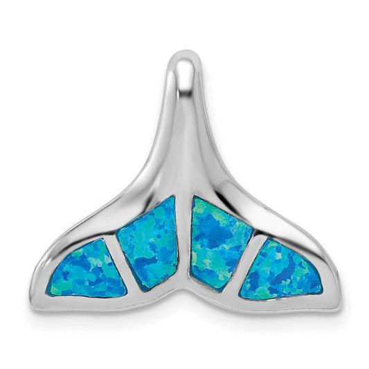 Sterling Silver Rhodium-Plated Polished Created Blue Opal Whale Tail Chain Slide